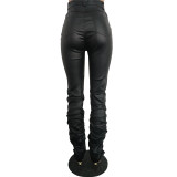 3 Colors Faux Leather Stacked Pants 8619