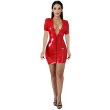Women Deep V Short Sleeve Leather Dress TXX51482