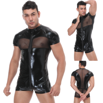 Zipper Mesh Insert Men Leather Bodysuit TCJ986