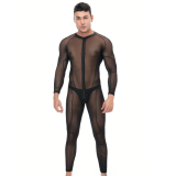 Mesh Leather Splice Zipper Jumpsuit  Full Bodysuit TCJ981