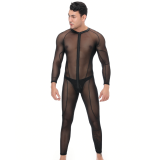 Mesh Leather Splice Zipper Jumpsuit  Full Bodysuit TCJ981