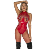Women Mesh Insert Leather Teddy Lingerie with Chain