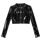 Women Buckle Shiny Leather Hollow Out Crop Top TSXL0026A