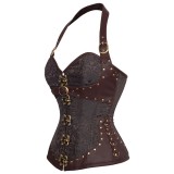 Halterneck Synthetic Leather Bustier Front Belts Steampunk Corset