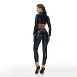 Two Piece Faux Leather Lace Up Crop Top and Pants Set TCJ1126