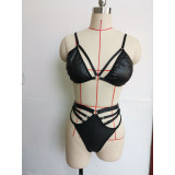 Leather Strappy Halter Bra and Thong Bandage Lingerie Set