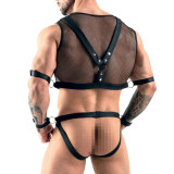 Sexy Mesh Leather Patchwork Bondage Men Underwear Set TCJ811