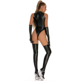 Zipper Vinyl Leather Bodysuit Lingerie with Gloves and Stockings TXX68292