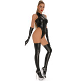 Zipper Vinyl Leather Bodysuit Lingerie with Gloves and Stockings TXX68292
