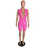 Sexy Women Deep V Wet Look PVC Leather Romper TPY8265