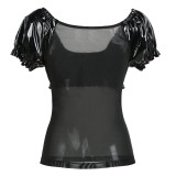 Mesh Splicing Faux Leather Ladies Top TW1248