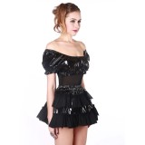 Mesh Splicing Faux Leather Women Top and Skirt Set TW1248+1249