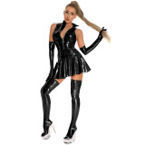 Women Zipper Leather Sleeveless Dress without Gloves and Stockings