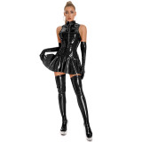 Women Zipper Leather Sleeveless Dress without Gloves and Stockings