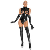 Leather Zipper Women Sexy Bodysuit with Round Nipple Cover, Gloves and Stockings