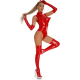 Leather Zipper Women Sexy Bodysuit with Round Nipple Cover, Gloves and Stockings