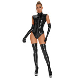 Zip-up Wet Look Leather Bodysuit with Gloves and Stockings TXX6857A