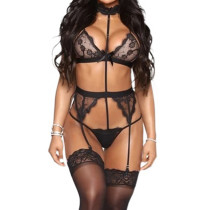 Erotic See-through Lace Choker Bra and Thong Bandages Lingerie with Garters