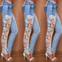 Lace Stitching Denim Pants Jeans TXXL274