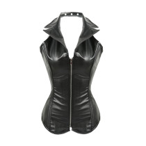 Black Faux Leather Outdoor Steel Corset WIth Zipper Front TW7426