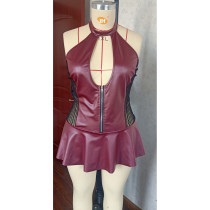 Wine Red Hollow Sexy Zipper Leather Garter Women Dress TYHZM2130C