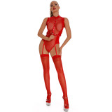 High Bounce Leather Mesh Open Crotch Zipper Bodysuit with Stockings