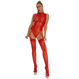 High Bounce Leather Mesh Open Crotch Zipper Bodysuit with Stockings