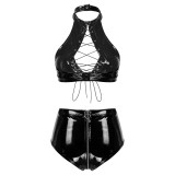 Leather Lace Up Halter Bra and Panty Lingerie Set TSXL0120