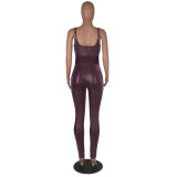 Women Mesh Patchwork Straps PU Leather Cutout Jumpsuit TCQFS8146