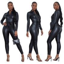 Black PU Leather Button Up Belted Bodycon Jumpsuit TOD8414