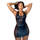 Leather Mesh Splicing Halter Low Back Bodycon Dress with Panties TSYY8153