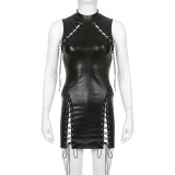 Sexy Black Cutout Lace-Up PU Leather Bodycon Dress TKJ25583