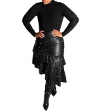 Sexy PU Leather Ruffled Beaded Irregular Bodycon Skirt TOMY5071