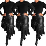 Sexy PU Leather Ruffled Beaded Irregular Bodycon Skirt TOMY5071