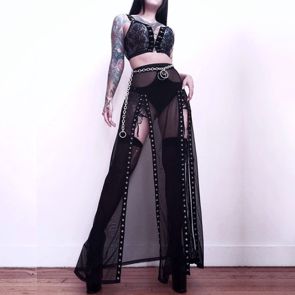 Gothic Sexy See Through Mesh Lace Up Slit Long Skirt TYB22033