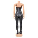 Black PU Leather Tight Ruched Jumpsuit TOSD1293