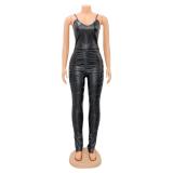 Black PU Leather Tight Ruched Jumpsuit TOSD1293