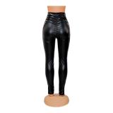 Sexy Black PU Leather Tight Ruched Trousers TOSD1292