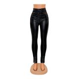 Sexy Black PU Leather Tight Ruched Trousers TOSD1292