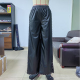 Women Trendy Wide Leg Pocket PU Leather Pants TXYJ8003
