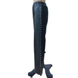 Women Trendy Wide Leg Pocket PU Leather Pants TXYJ8003