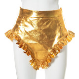 Fashion V Pleated Side Bling Leather High Waist Mini Shorts TTJXY0016