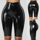 Amazon Hot Sell High Waist Shiny Elastic Waistband Leather Biker Shorts TWS001