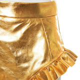 Fashion V Pleated Side Bling Leather High Waist Mini Shorts TTJXY0016