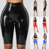 Amazon Hot Sell High Waist Shiny Elastic Waistband Leather Biker Shorts TWS001