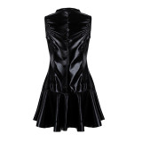 Zipper Front Sleeveless PU Leather Dress TSYY8124