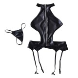 PU Leather Zip Up Cut Out Teddy Galter Lingerie 2PCS Set TSYY8131