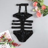Black PU Leather Bandage Halter Hollow Out Teddy Lingerie TSYY8132