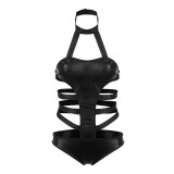 Black PU Leather Bandage Halter Hollow Out Teddy Lingerie TSYY8132