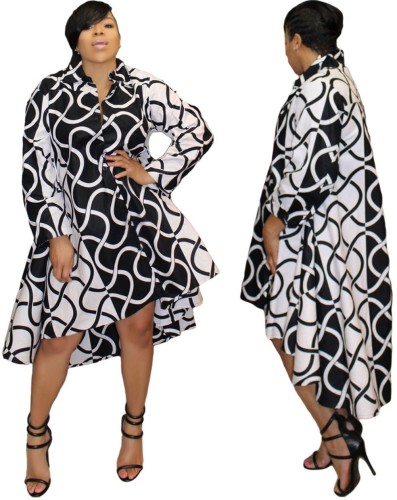 White and Black Print High Low Hippie Dress